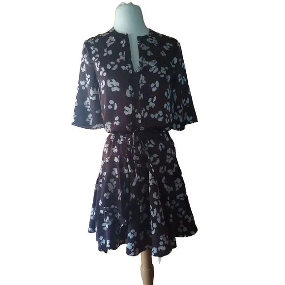 Reiss Belted Tunic Dress 0 USA UK 4 Plum Ruffle Silky Mini Short Sleeve Dress - Picture 1 of 8